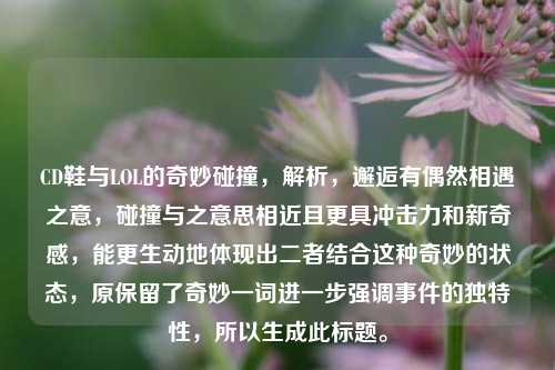 CD鞋与LOL的奇妙碰撞，解析，邂逅有偶然相遇之意，碰撞与之意思相近且更具冲击力和新奇感，能更生动地体现出二者结合这种奇妙的状态，原保留了奇妙一词进一步强调事件的独特性，所以生成此标题。