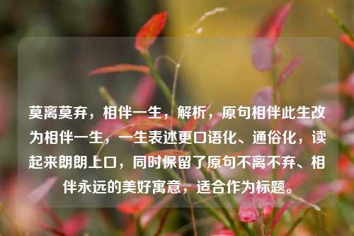 莫离莫弃,相伴一生,解析,原句相伴此生改为相伴一生,一生表述更口语化、通俗化,读起来朗朗上口,同时保留了原句不离不弃、相伴永远的美好寓意,适合作为标题。